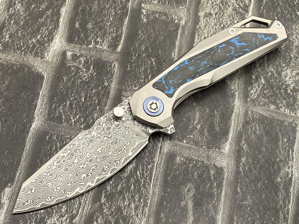 SixLeaf SL-108-CF-Blue Folding Knife Damascus Blade Titanium/CF Handle Pocket Knife