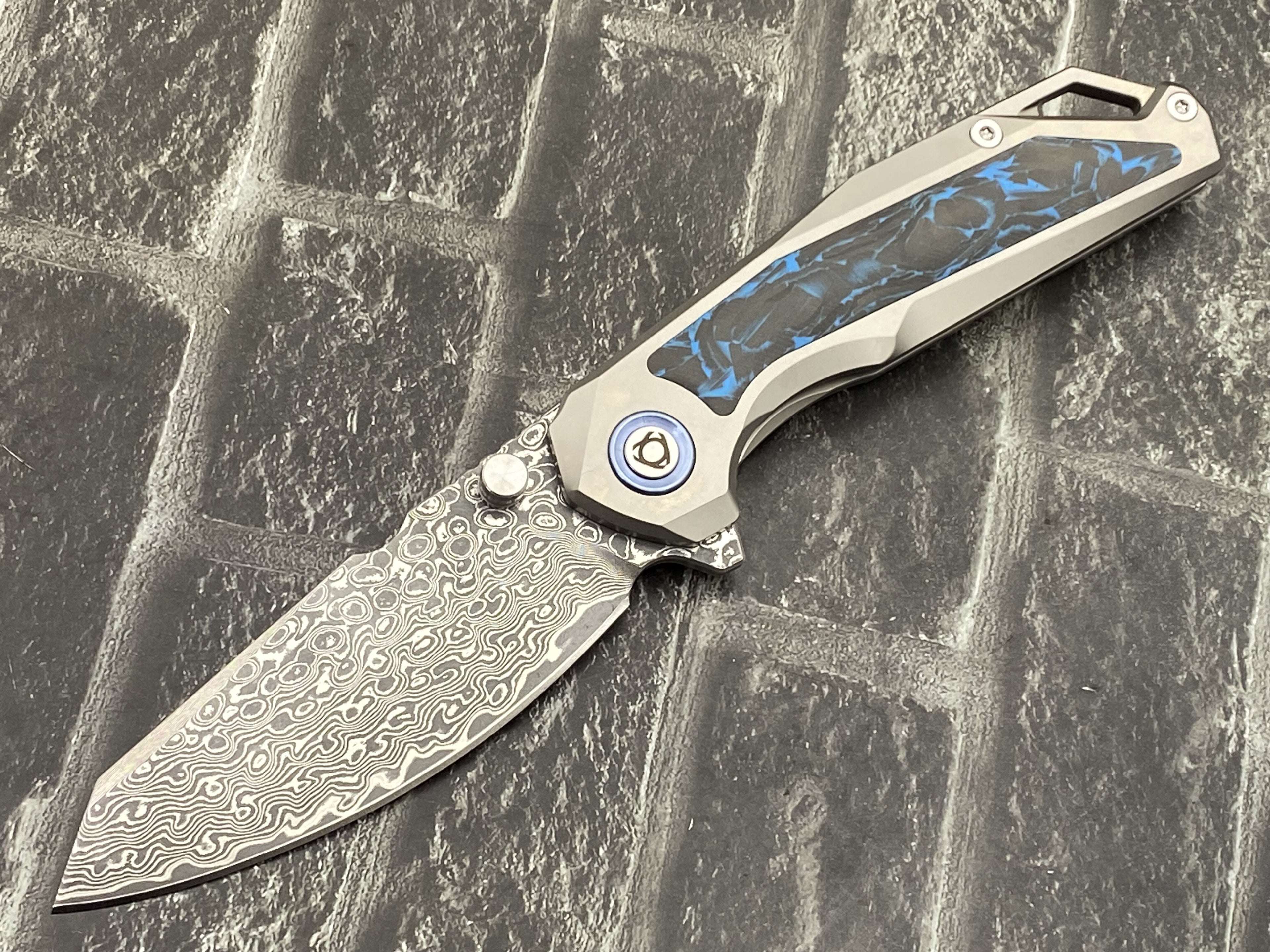 SixLeaf SL-108-CF-Blue Folding Knife Damascus Blade Titanium/CF Handle Pocket Knife