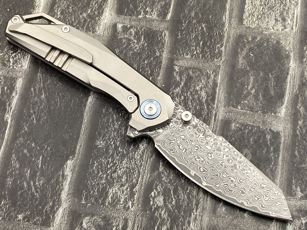 SixLeaf SL-108-CF-Blue Folding Knife Damascus Blade Titanium/CF Handle Pocket Knife