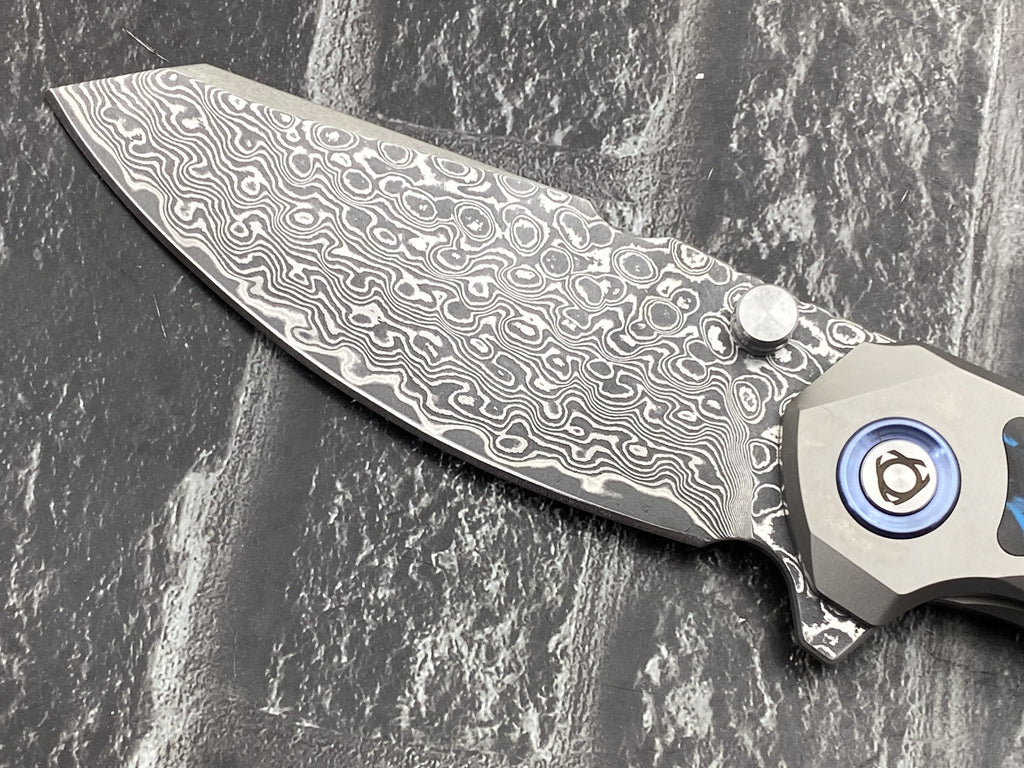 SixLeaf SL-108-CF-Blue Folding Knife Damascus Blade Titanium/CF Handle Pocket Knife