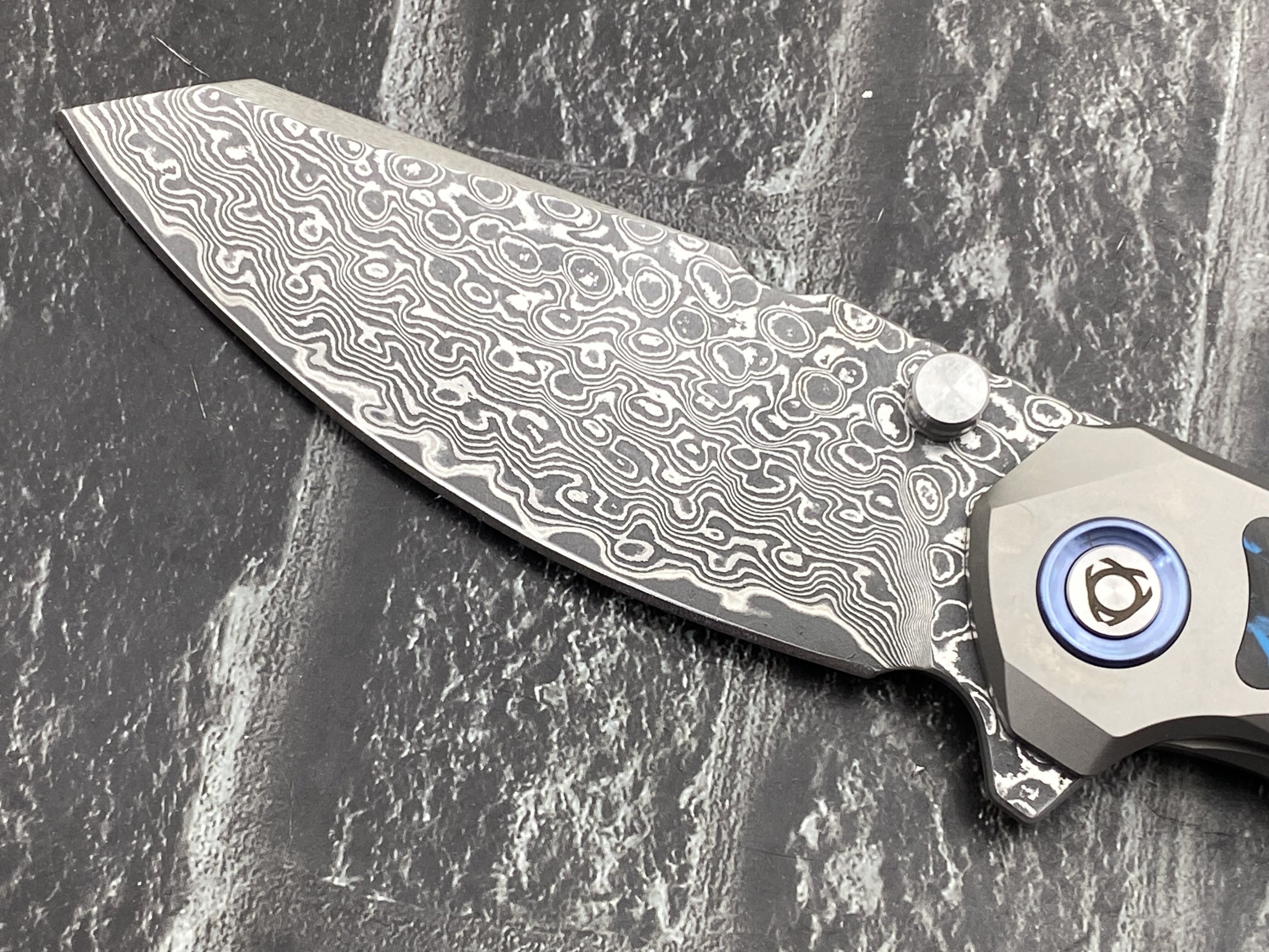 SixLeaf SL-108-CF-Blue Folding Knife Damascus Blade Titanium/CF Handle Pocket Knife
