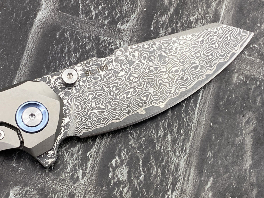 SixLeaf SL-108-CF-Blue Folding Knife Damascus Blade Titanium/CF Handle Pocket Knife
