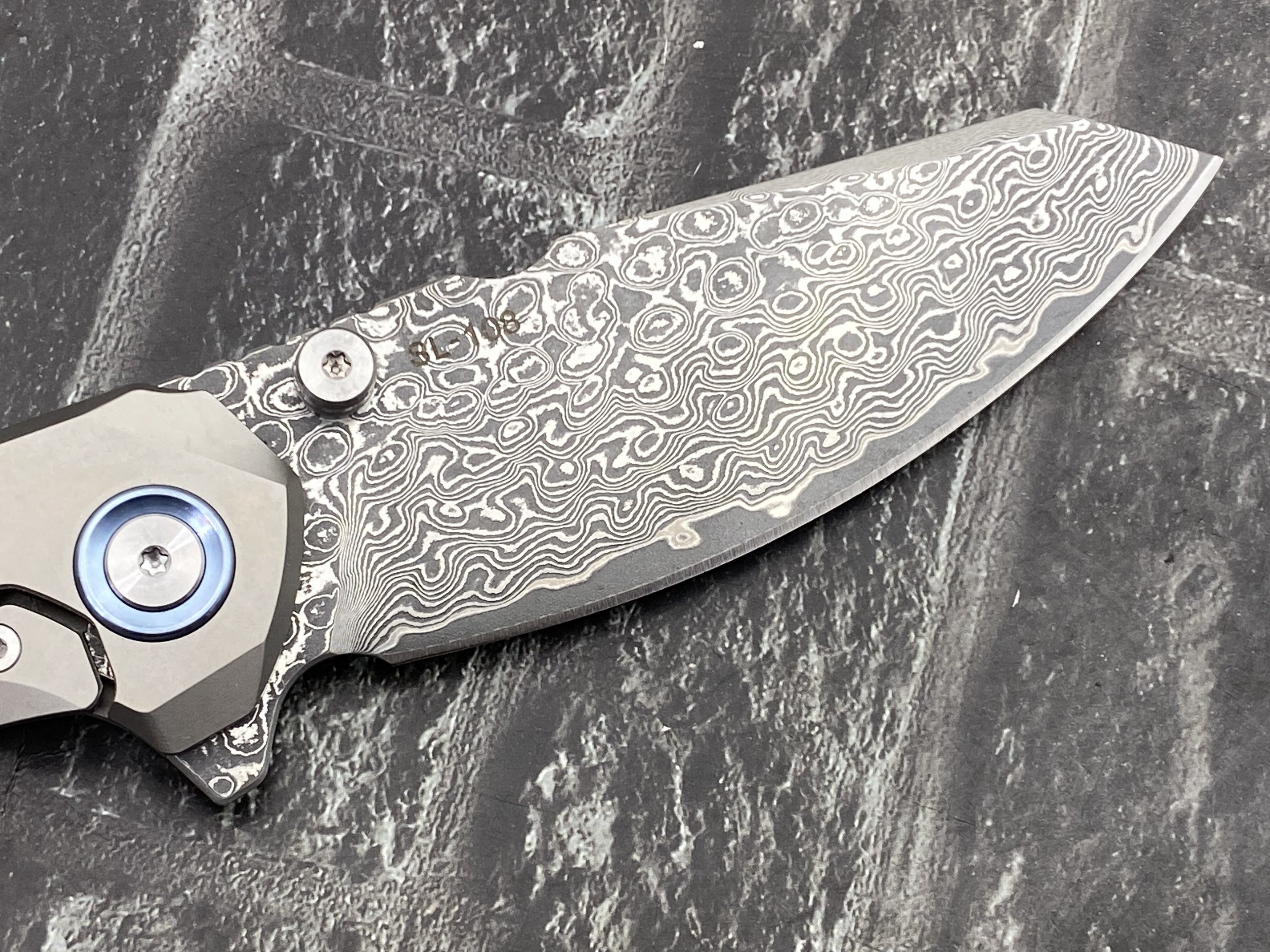 SixLeaf SL-108-CF-Blue Folding Knife Damascus Blade Titanium/CF Handle Pocket Knife