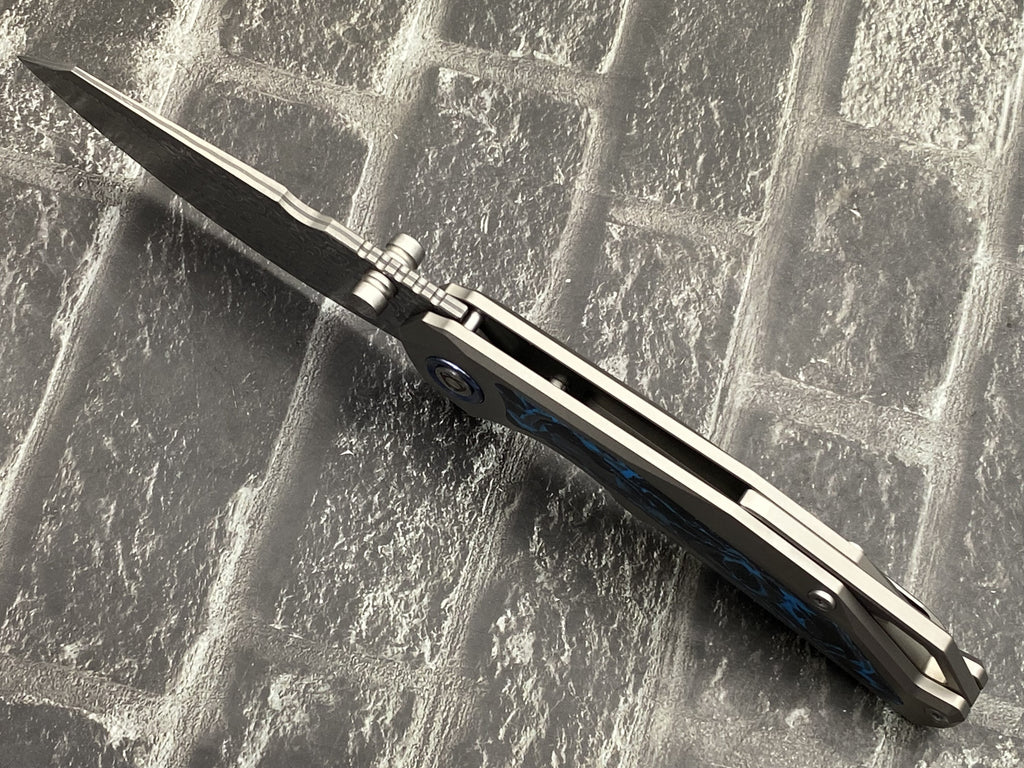 SixLeaf SL-108-CF-Blue Folding Knife Damascus Blade Titanium/CF Handle Pocket Knife
