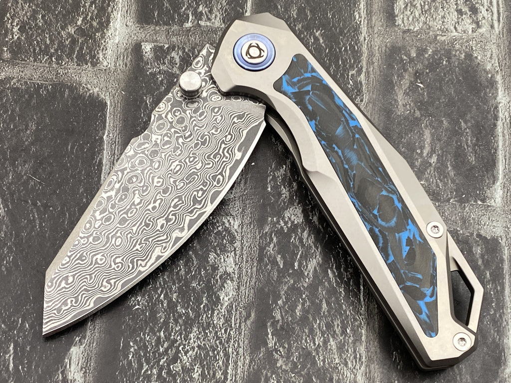 SixLeaf SL-108-CF-Blue Folding Knife Damascus Blade Titanium/CF Handle Pocket Knife