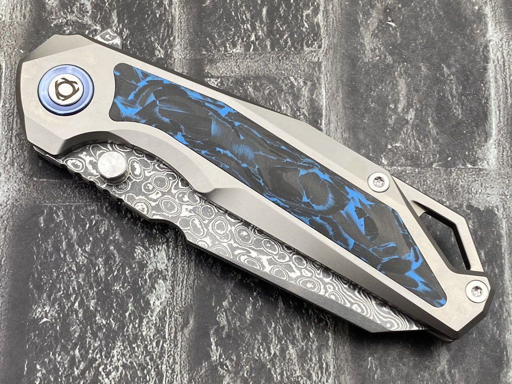 SixLeaf SL-108-CF-Blue Folding Knife Damascus Blade Titanium/CF Handle Pocket Knife