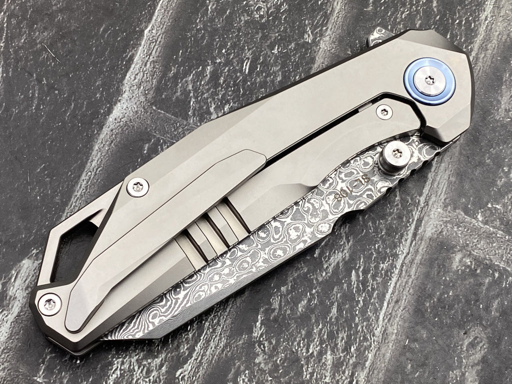 SixLeaf SL-108-CF-Blue Folding Knife Damascus Blade Titanium/CF Handle Pocket Knife