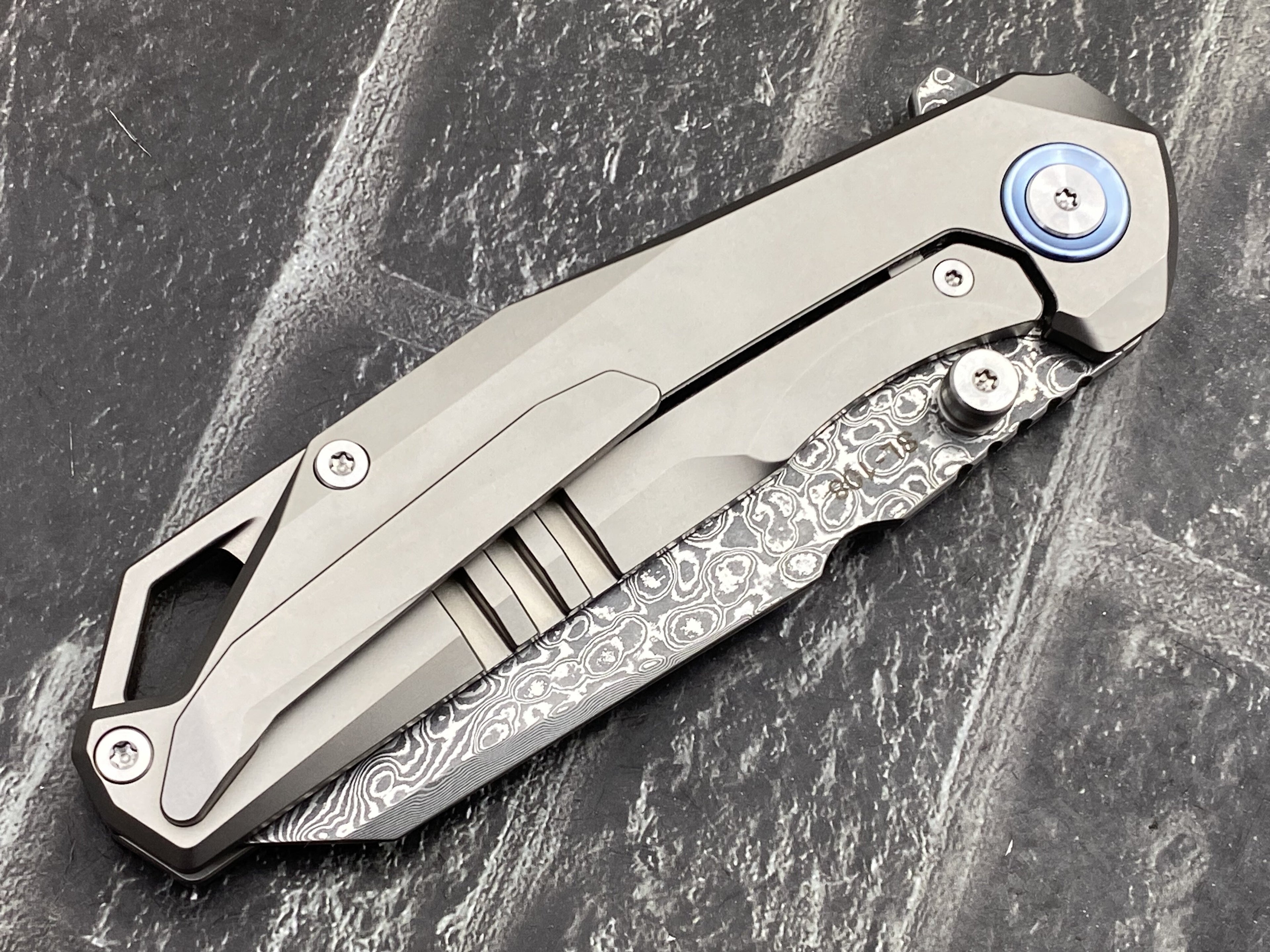 SixLeaf SL-108-CF-Blue Folding Knife Damascus Blade Titanium/CF Handle Pocket Knife