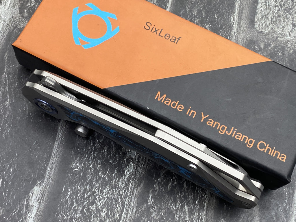 SixLeaf SL-108-CF-Blue Folding Knife Damascus Blade Titanium/CF Handle Pocket Knife