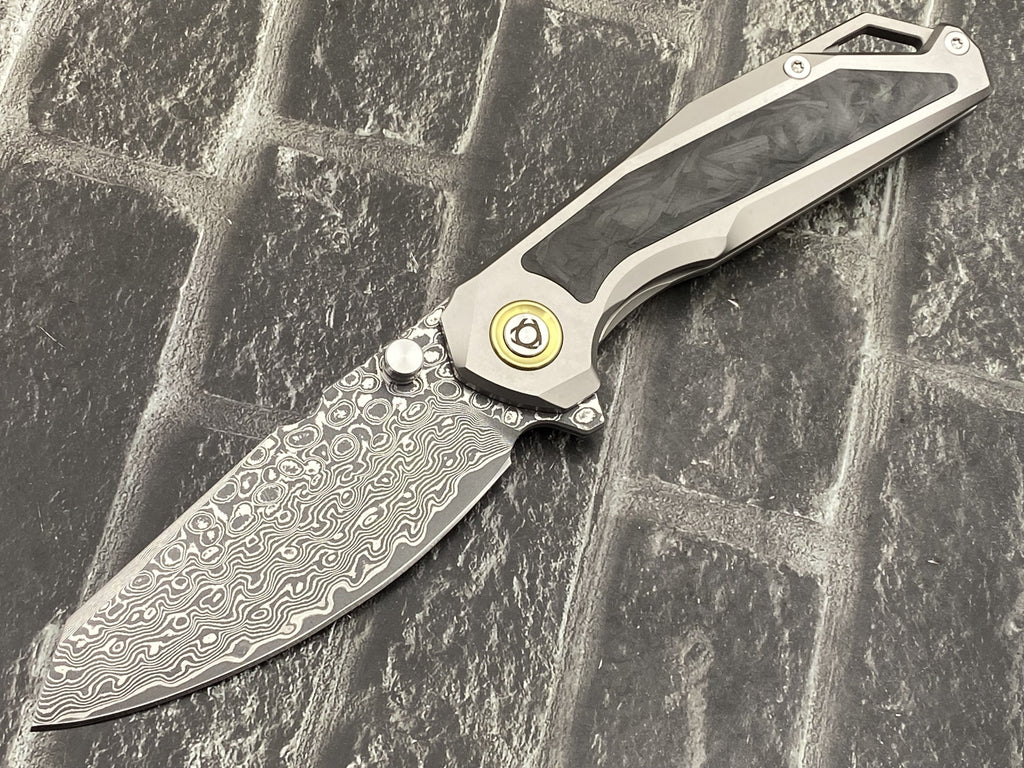 SixLeaf SL-108-CF-Black Folding Knife Damascus Blade Titanium/CF Handle Pocket Knife