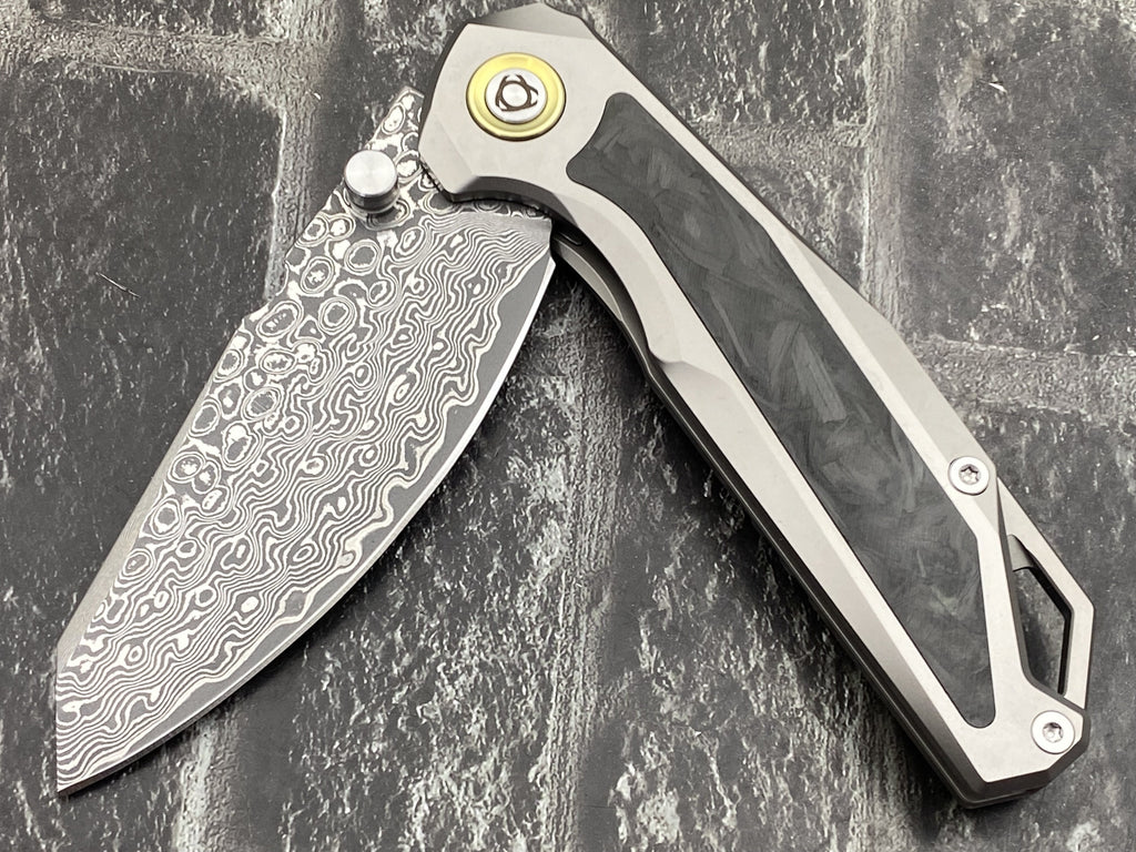 SixLeaf SL-108-CF-Black Folding Knife Damascus Blade Titanium/CF Handle Pocket Knife