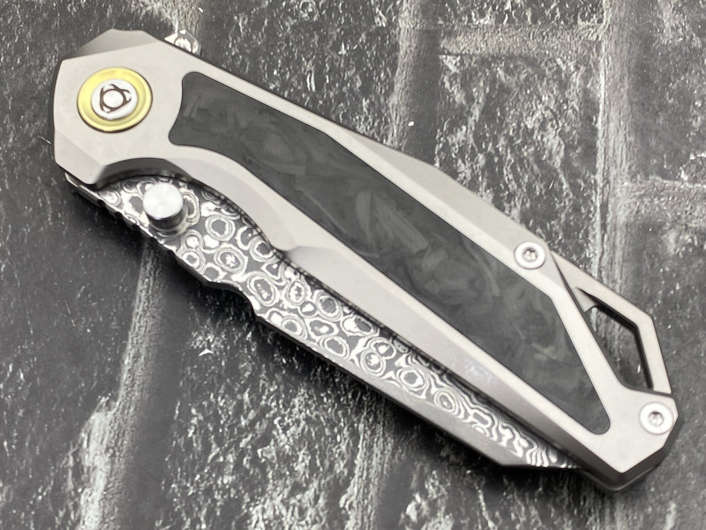 SixLeaf SL-108-CF-Black Folding Knife Damascus Blade Titanium/CF Handle Pocket Knife