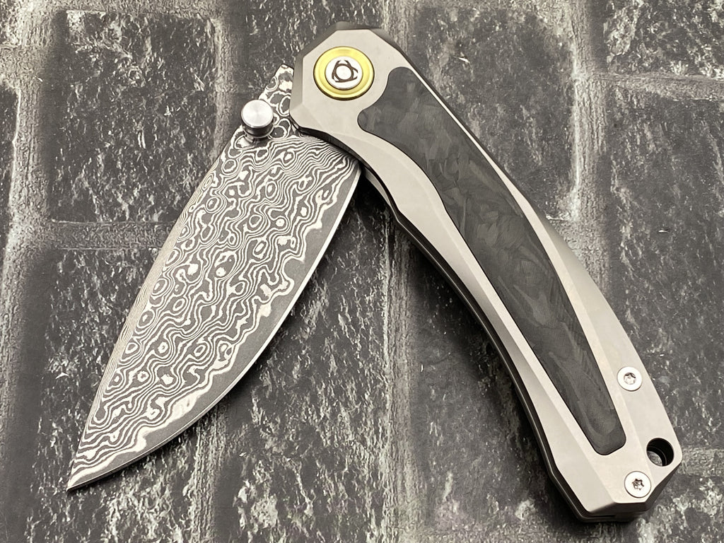 SixLeaf SL-107-CF-Black Folding Knife Damascus Blade Titanium/CF Handle Pocket Knife