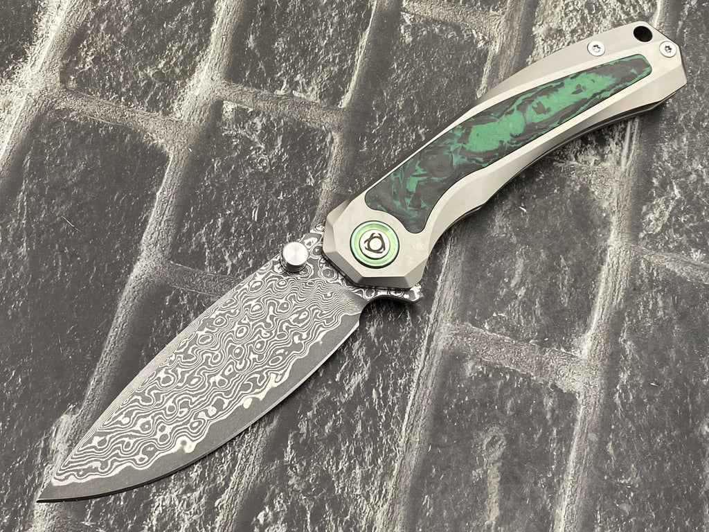 SixLeaf SL-107-CF-Green Folding Knife Damascus Blade Titanium/CF Handle Pocket Knife
