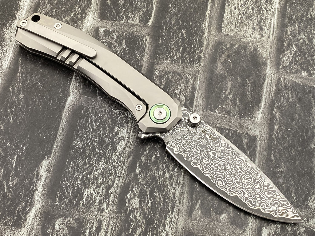 SixLeaf SL-107-CF-Green Folding Knife Damascus Blade Titanium/CF Handle Pocket Knife
