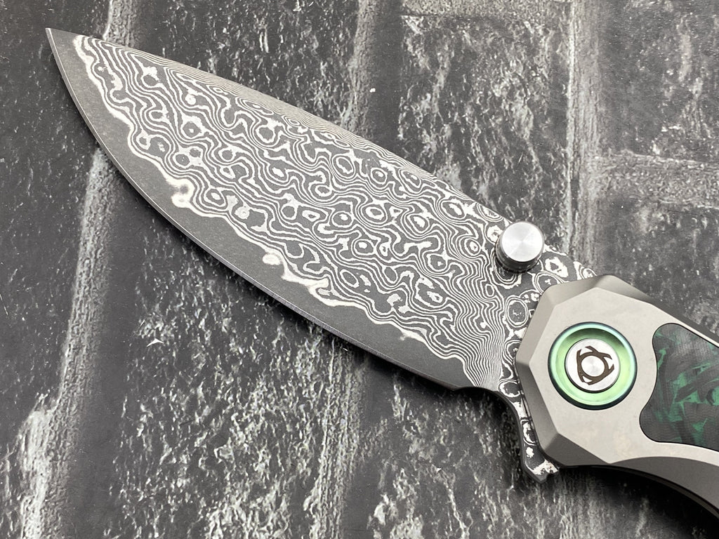 SixLeaf SL-107-CF-Green Folding Knife Damascus Blade Titanium/CF Handle Pocket Knife