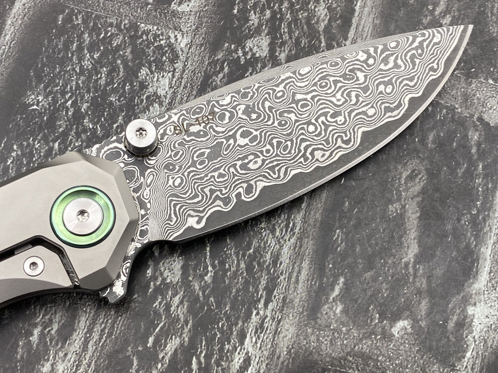 SixLeaf SL-107-CF-Green Folding Knife Damascus Blade Titanium/CF Handle Pocket Knife