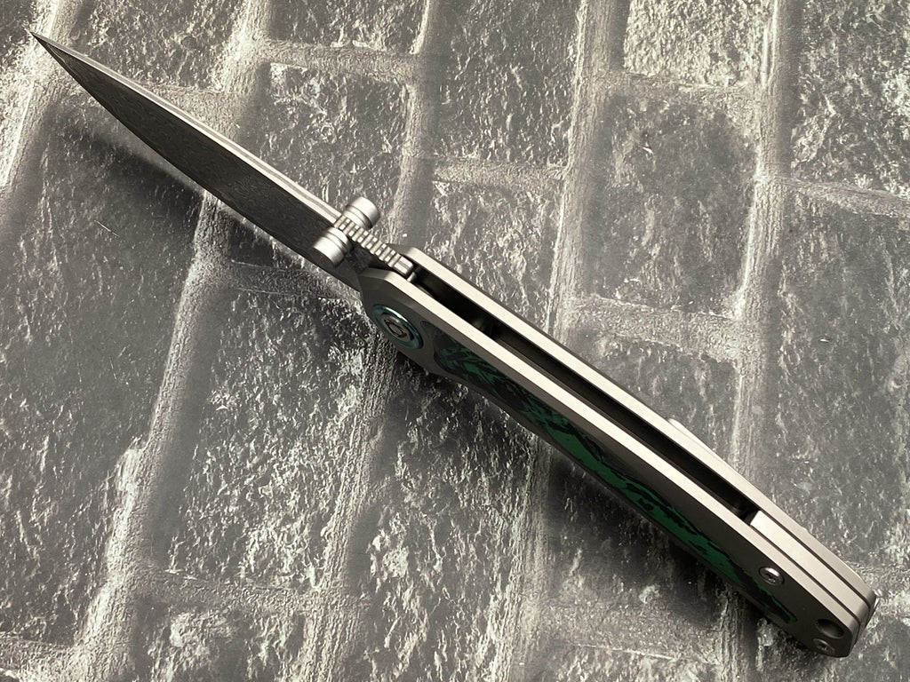 SixLeaf SL-107-CF-Green Folding Knife Damascus Blade Titanium/CF Handle Pocket Knife