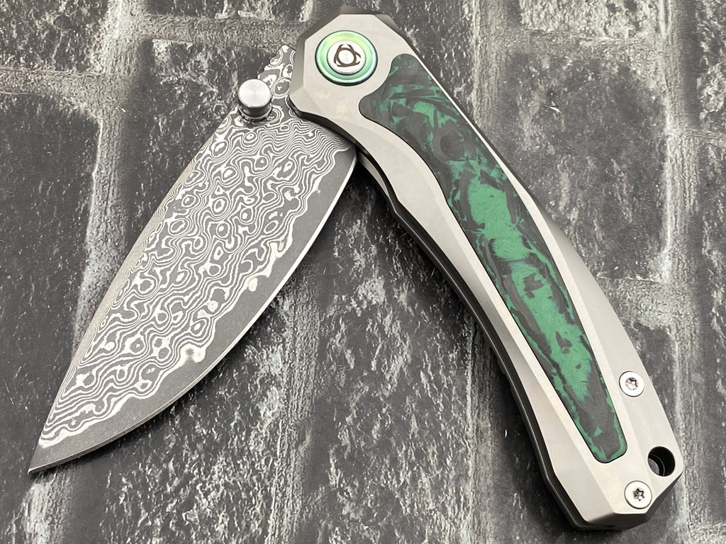 SixLeaf SL-107-CF-Green Folding Knife Damascus Blade Titanium/CF Handle Pocket Knife