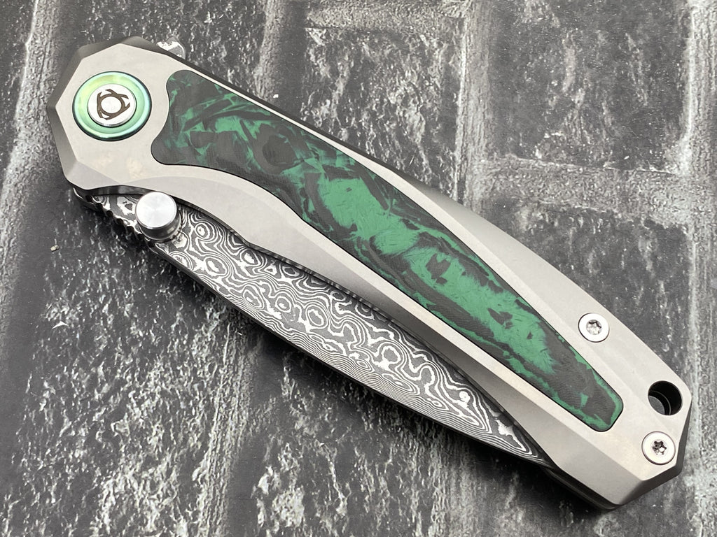 SixLeaf SL-107-CF-Green Folding Knife Damascus Blade Titanium/CF Handle Pocket Knife