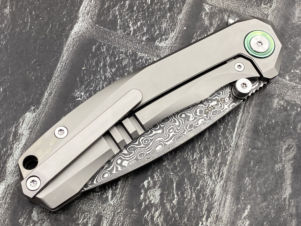 SixLeaf SL-107-CF-Green Folding Knife Damascus Blade Titanium/CF Handle Pocket Knife