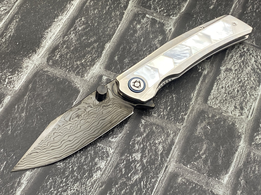 SixLeaf SL-106-DLC-Shell Folding Knife Damascus Blade Titanium+mother of pearl Handle Pocket Knife