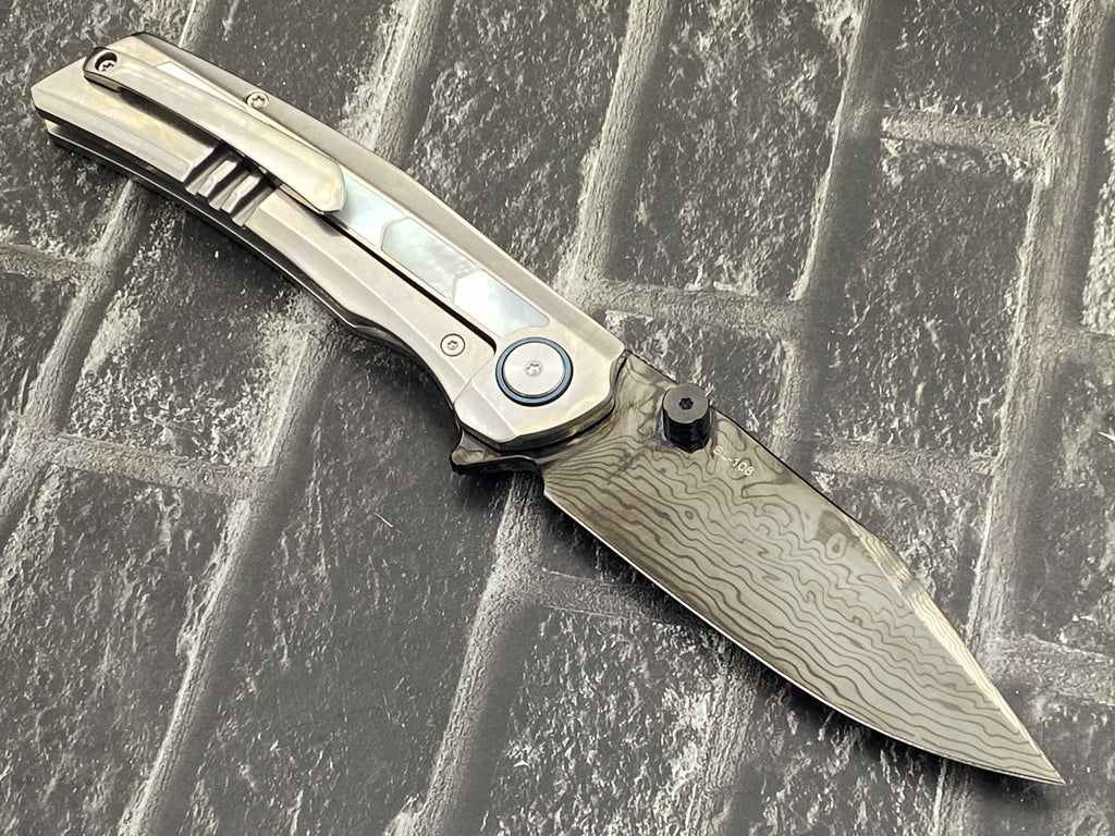 SixLeaf SL-106-DLC-Shell Folding Knife Damascus Blade Titanium+mother of pearl Handle Pocket Knife