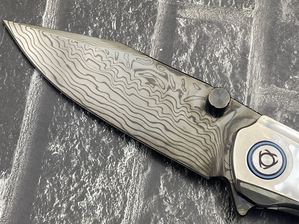 SixLeaf SL-106-DLC-Shell Folding Knife Damascus Blade Titanium+mother of pearl Handle Pocket Knife