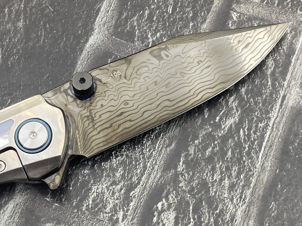 SixLeaf SL-106-DLC-Shell Folding Knife Damascus Blade Titanium+mother of pearl Handle Pocket Knife