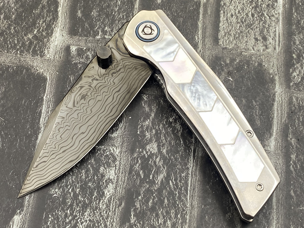 SixLeaf SL-106-DLC-Shell Folding Knife Damascus Blade Titanium+mother of pearl Handle Pocket Knife