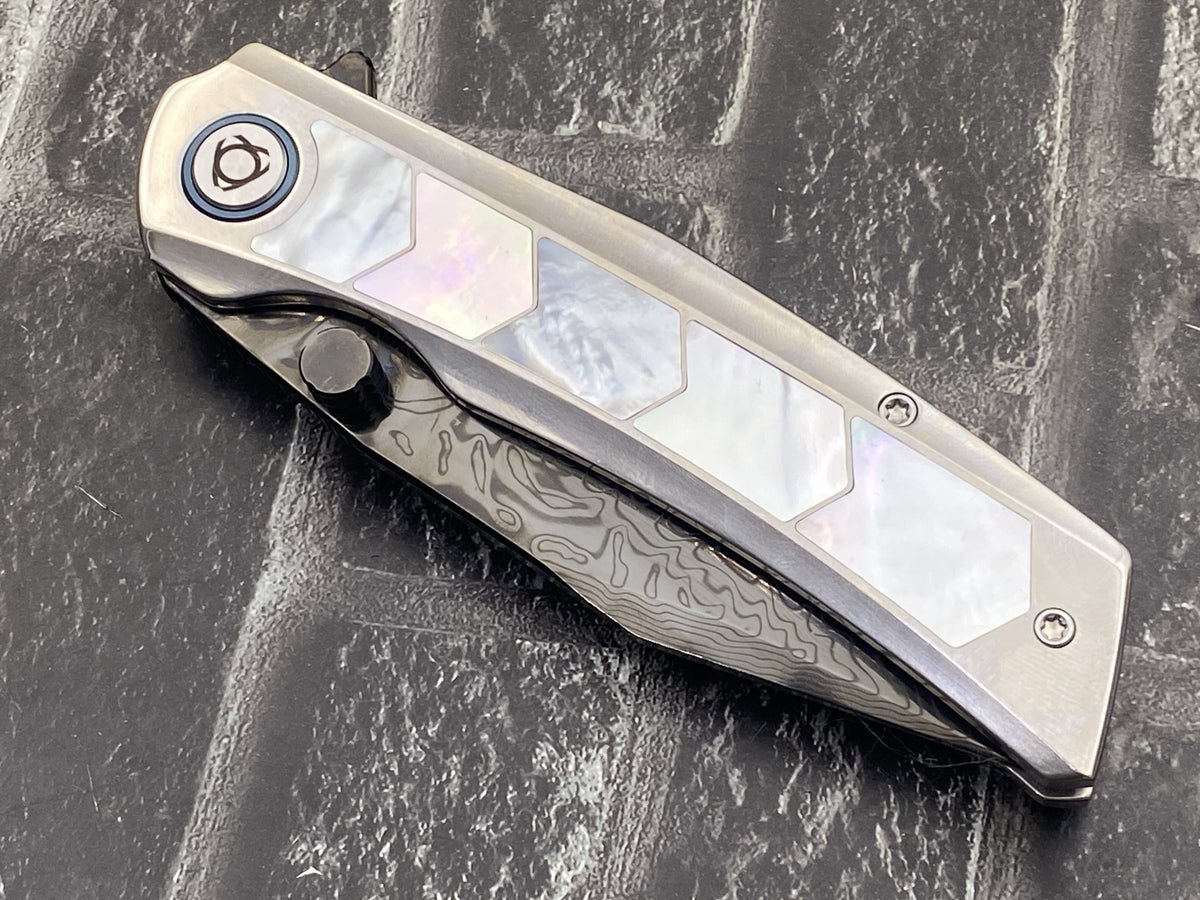 SixLeaf SL-106-DLC-Shell Folding Knife Damascus Blade Titanium+mother of pearl Handle Pocket Knife