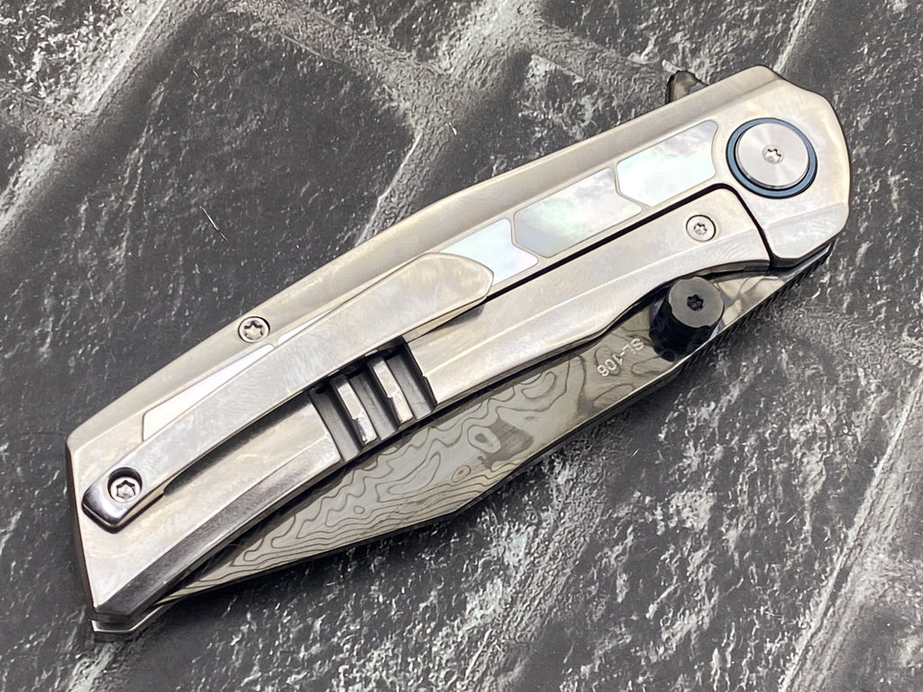 SixLeaf SL-106-DLC-Shell Folding Knife Damascus Blade Titanium+mother of pearl Handle Pocket Knife