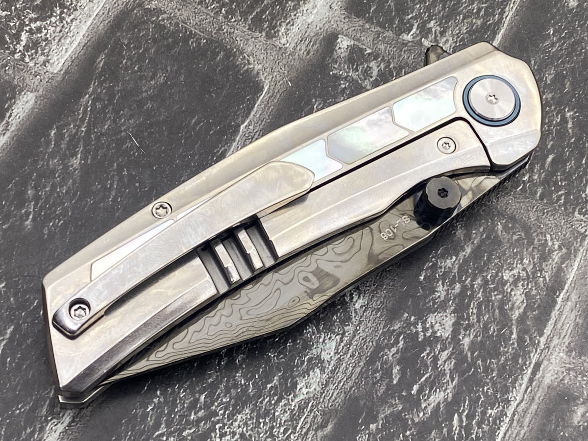 SixLeaf SL-106-DLC-Shell Folding Knife Damascus Blade Titanium+mother of pearl Handle Pocket Knife