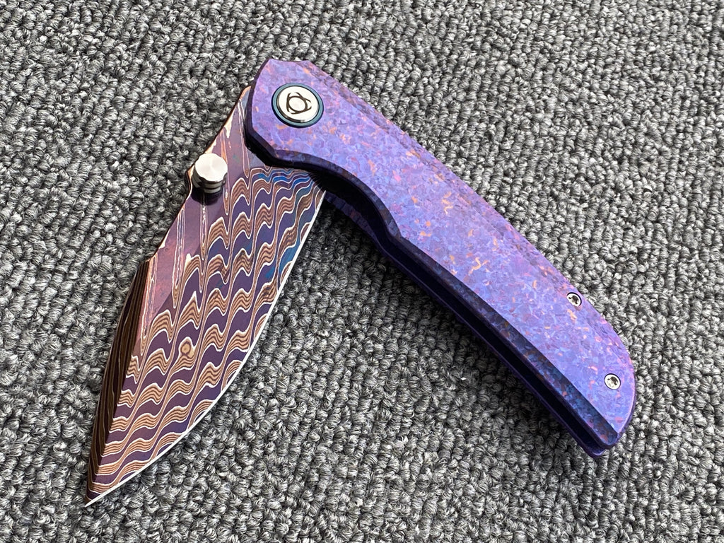Sixleaf SL-111 Folding Knife Forging Damascus Blade Crystallized Titanium Handle Pocket Knife