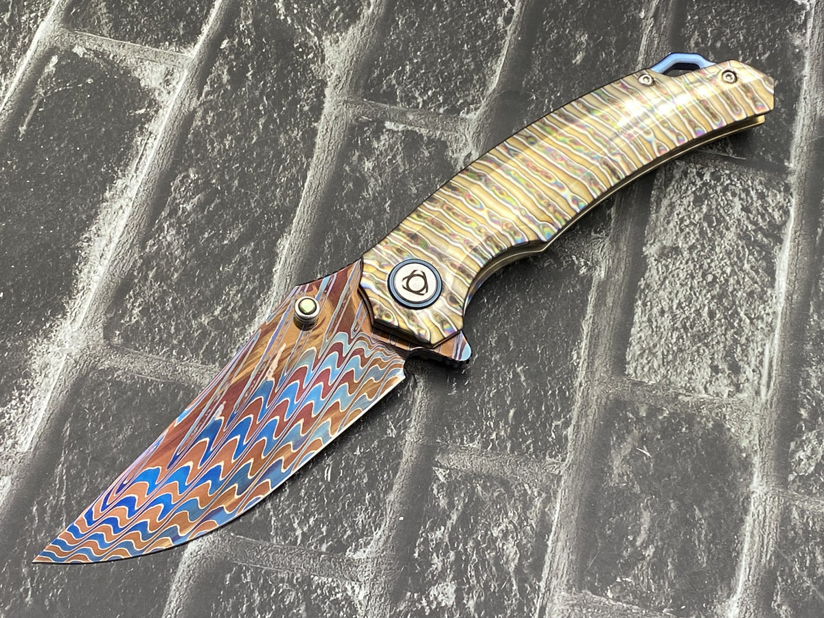 Sixleaf SL-114-Fire Folding Knife Forging Damascus Blade Titanium Handle Pocket Knife