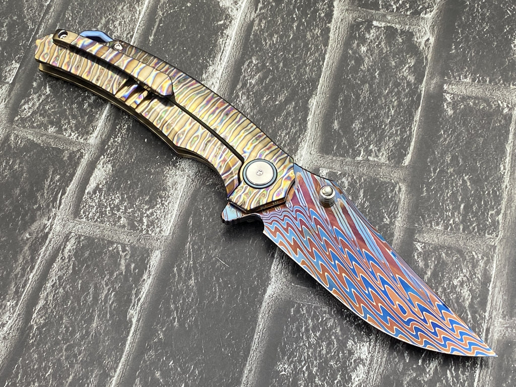 Sixleaf SL-114-Fire Folding Knife Forging Damascus Blade Titanium Handle Pocket Knife