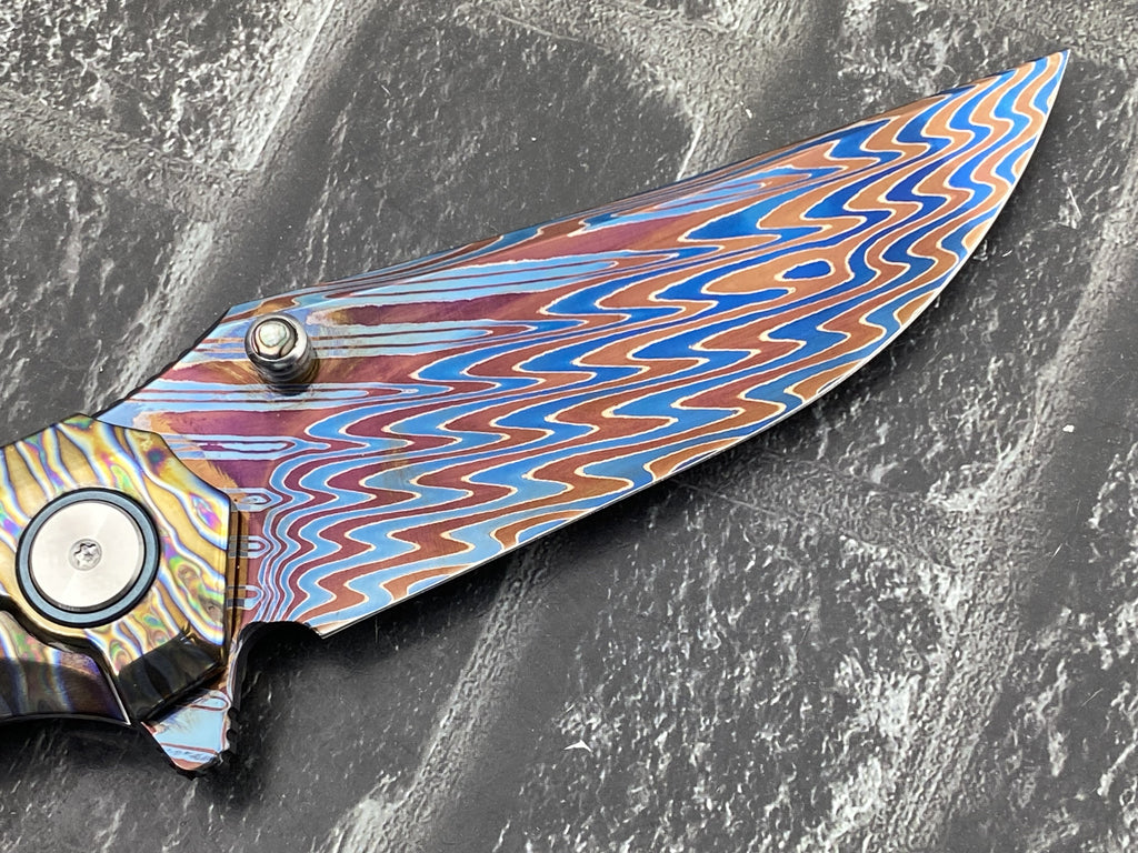 Sixleaf SL-114-Fire Folding Knife Forging Damascus Blade Titanium Handle Pocket Knife