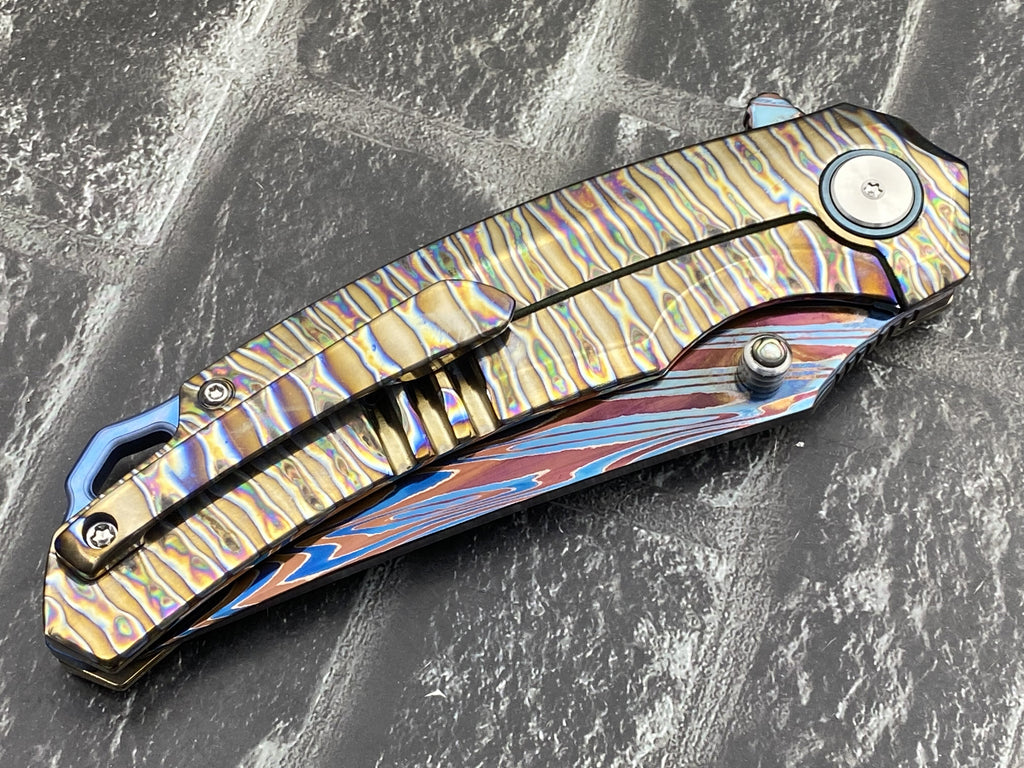 Sixleaf SL-114-Fire Folding Knife Forging Damascus Blade Titanium Handle Pocket Knife