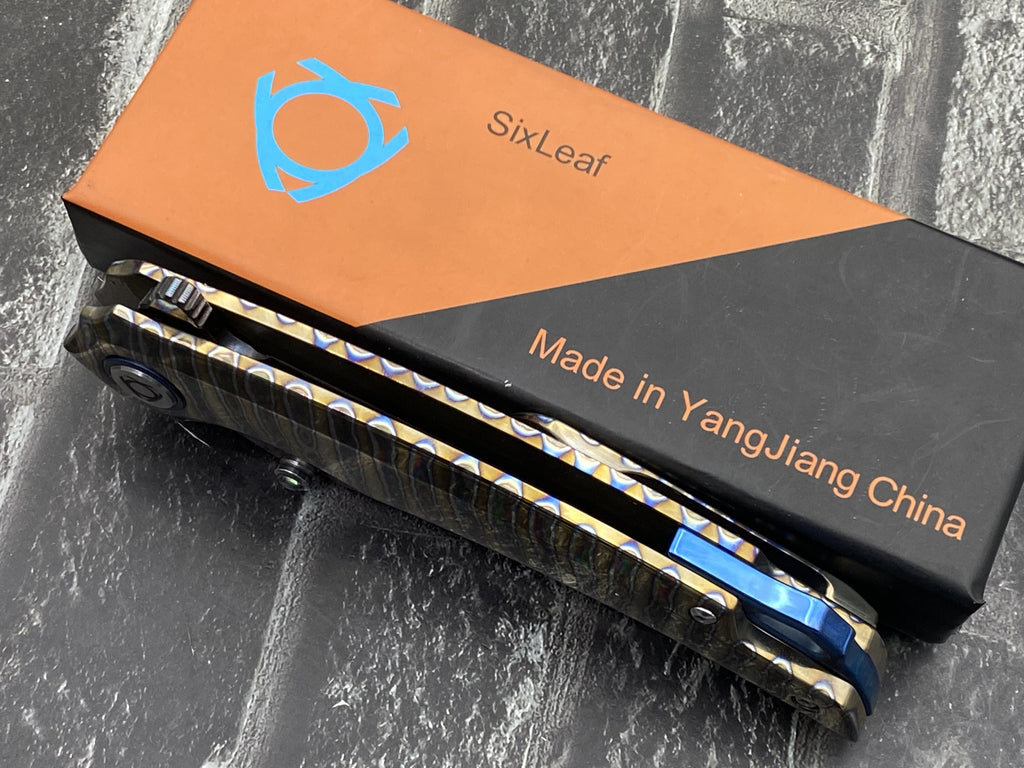 Sixleaf SL-114-Fire Folding Knife Forging Damascus Blade Titanium Handle Pocket Knife