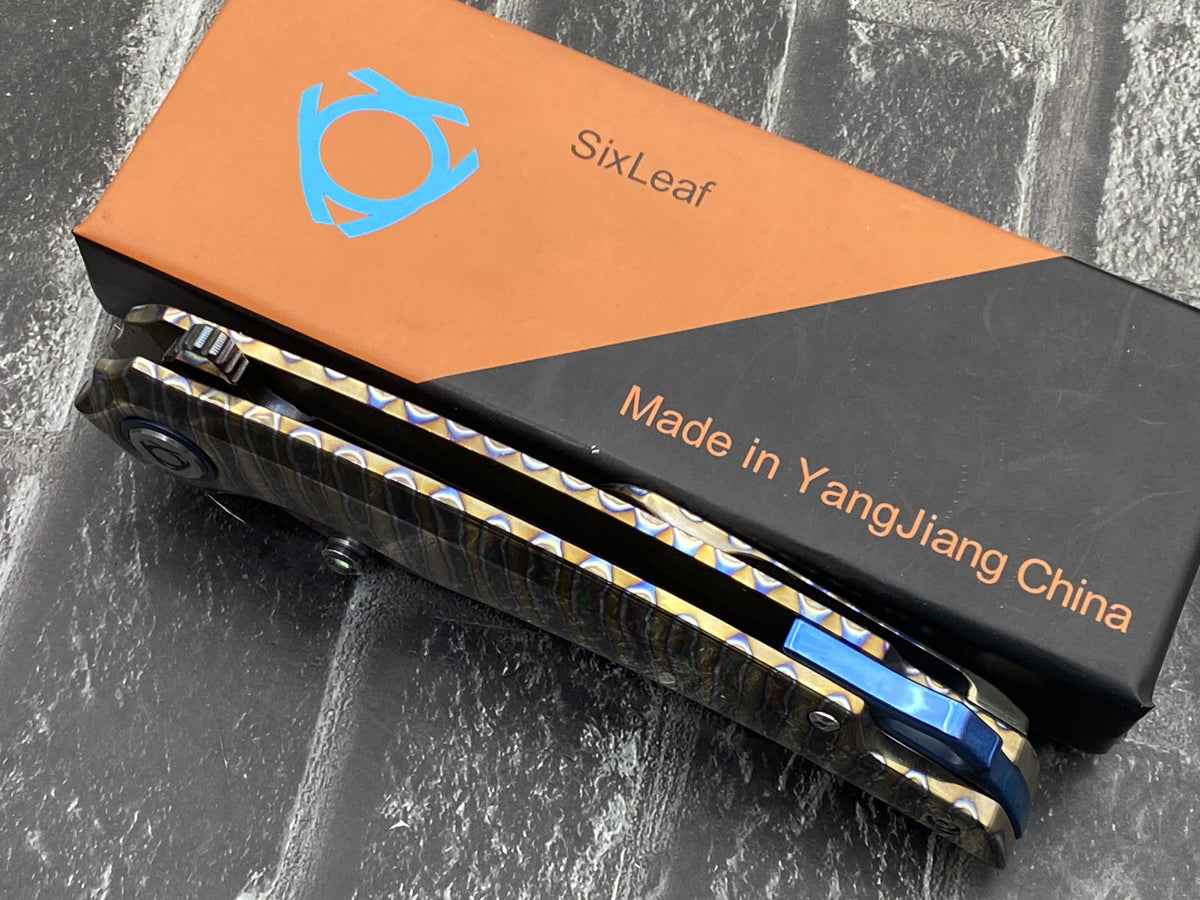Sixleaf SL-114-Fire Folding Knife Forging Damascus Blade Titanium Handle Pocket Knife