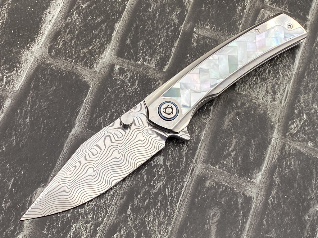 SixLeaf SL-104-shell Folding Knife Damascus Blade Titanium+mother of pearl Handle Pocket Knife
