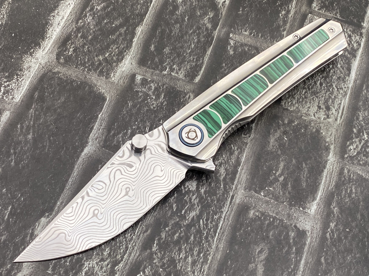 SixLeaf SL-95-Turquoise Folding Knife Damascus Blade Titanium/Turquoise Handle Pocket Knife