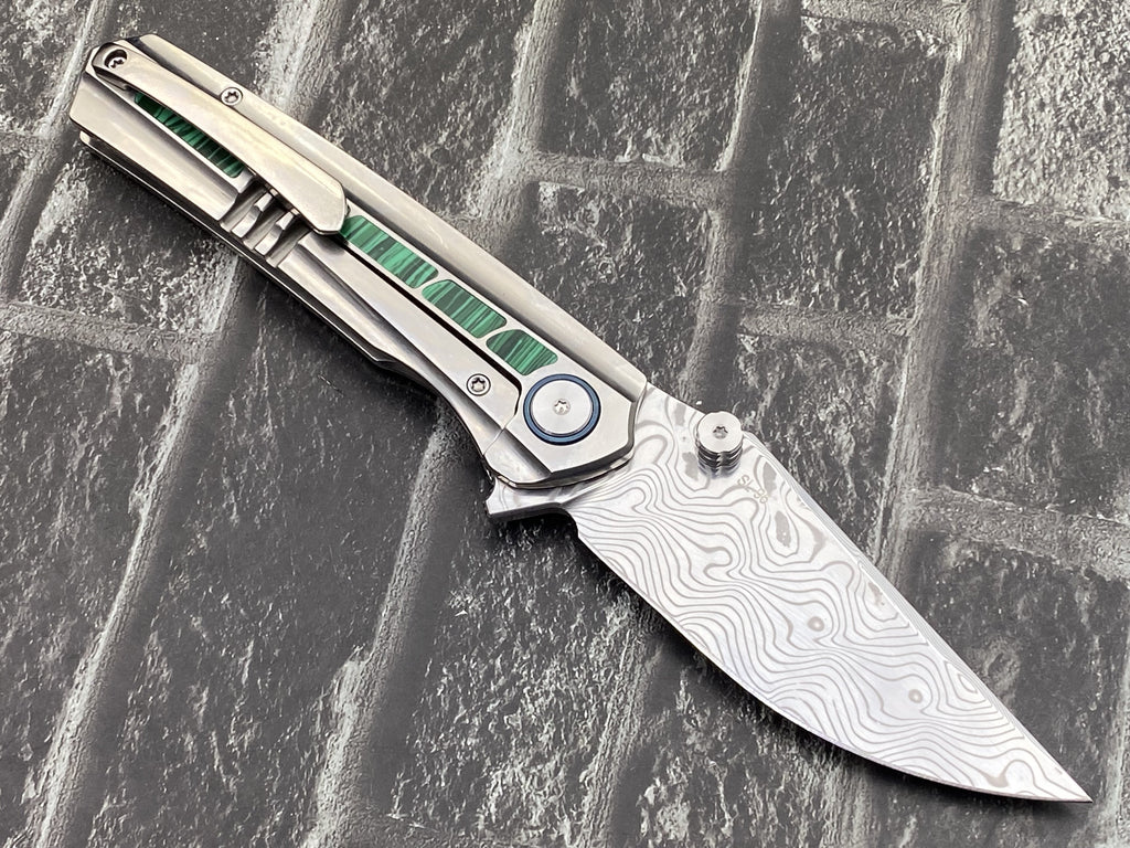 SixLeaf SL-95-Turquoise Folding Knife Damascus Blade Titanium/Turquoise Handle Pocket Knife