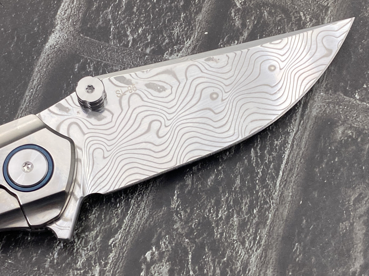 SixLeaf SL-95-Turquoise Folding Knife Damascus Blade Titanium/Turquoise Handle Pocket Knife